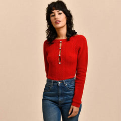 Flattering Floral Embellished Cutout Crew Neck Red Cable Rib Knit Fitted Sweater