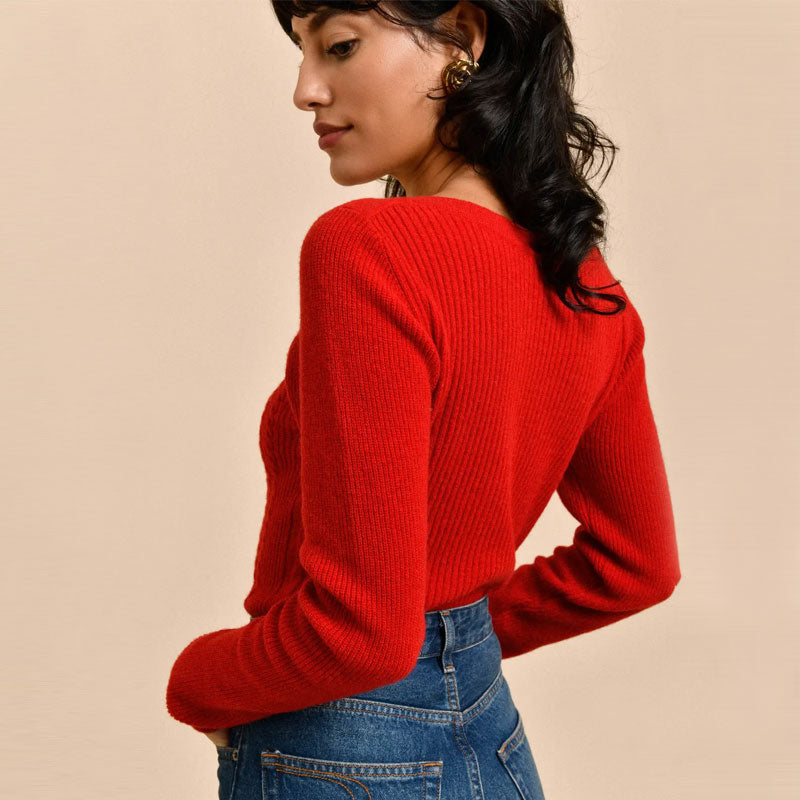 Flattering Floral Embellished Cutout Crew Neck Red Cable Rib Knit Fitted Sweater