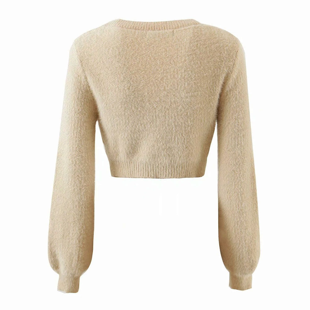 Fluffy Button Front Long Sleeve Khaki Eyelash Knit Cropped Cardigan