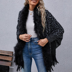 Fluffy Faux Fur Collarless Batwing Sleeve Fringe Hem Leopard Knit Shawl Cardigan