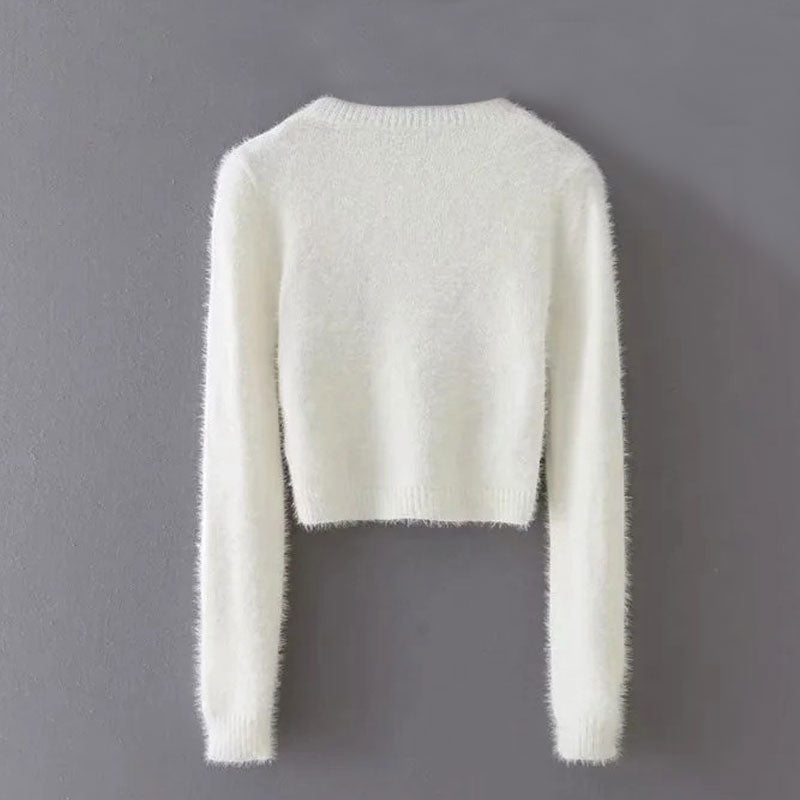 Fluffy White Mohair Eyelash Knit Crew Neck Fitted Cropped Sweater