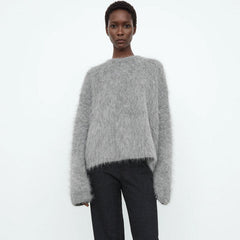 Fluffy Monochrome Crew Neck Long Sleeve Oversized Pullover Knit Sweater