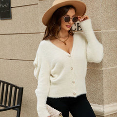 Fluffy Pearl Button Puff Sleeve V Neck White Mohair Eyelash Knit Cardigan