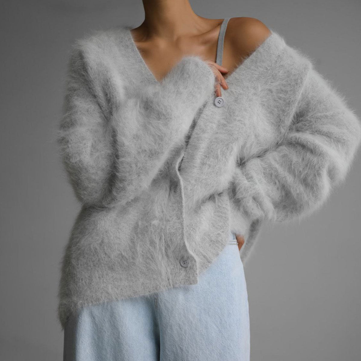 Fluffy V Neck Button Front Long Sleeve Solid Color Oversized Knit Cardigan