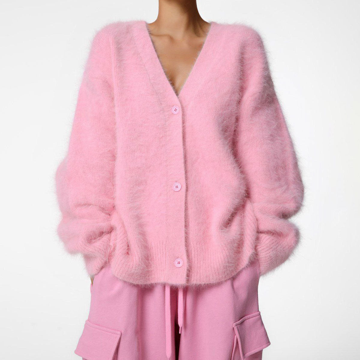 Fluffy V Neck Button Front Long Sleeve Solid Color Oversized Knit Cardigan