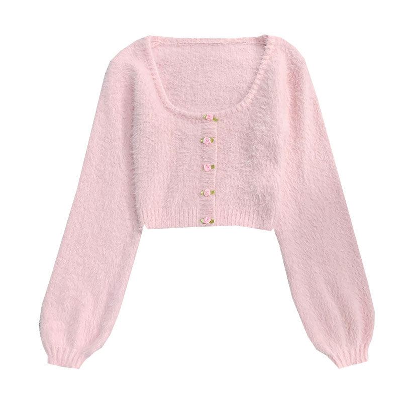 Fuzzy Rose Button Scoop Neck Long Sleeve Mohair Eyelash Knit Cardigan