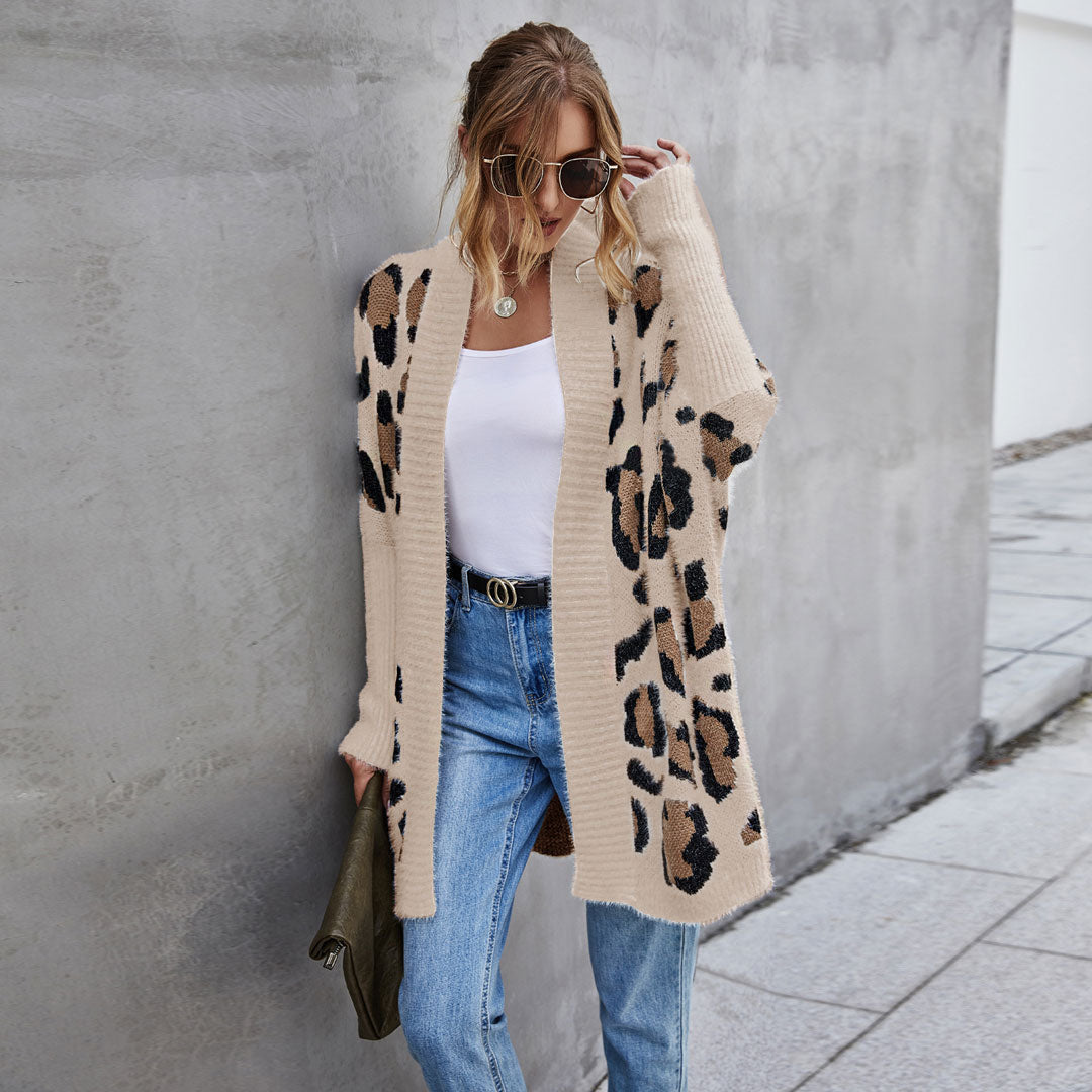 Fuzzy Shawl Collar Open Front Leopard Jacquard Eyelash Knit Cardigan