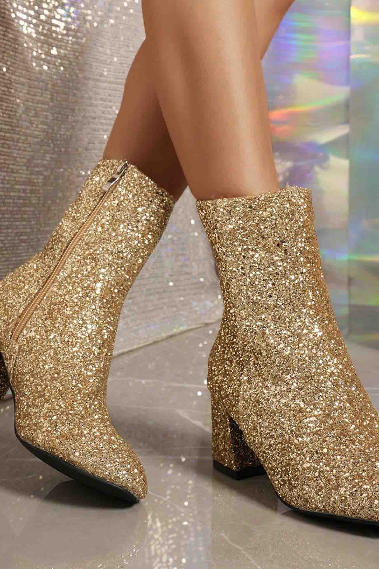 New Fashion Spring Outfit Sequined Block Heels Ankle Heels