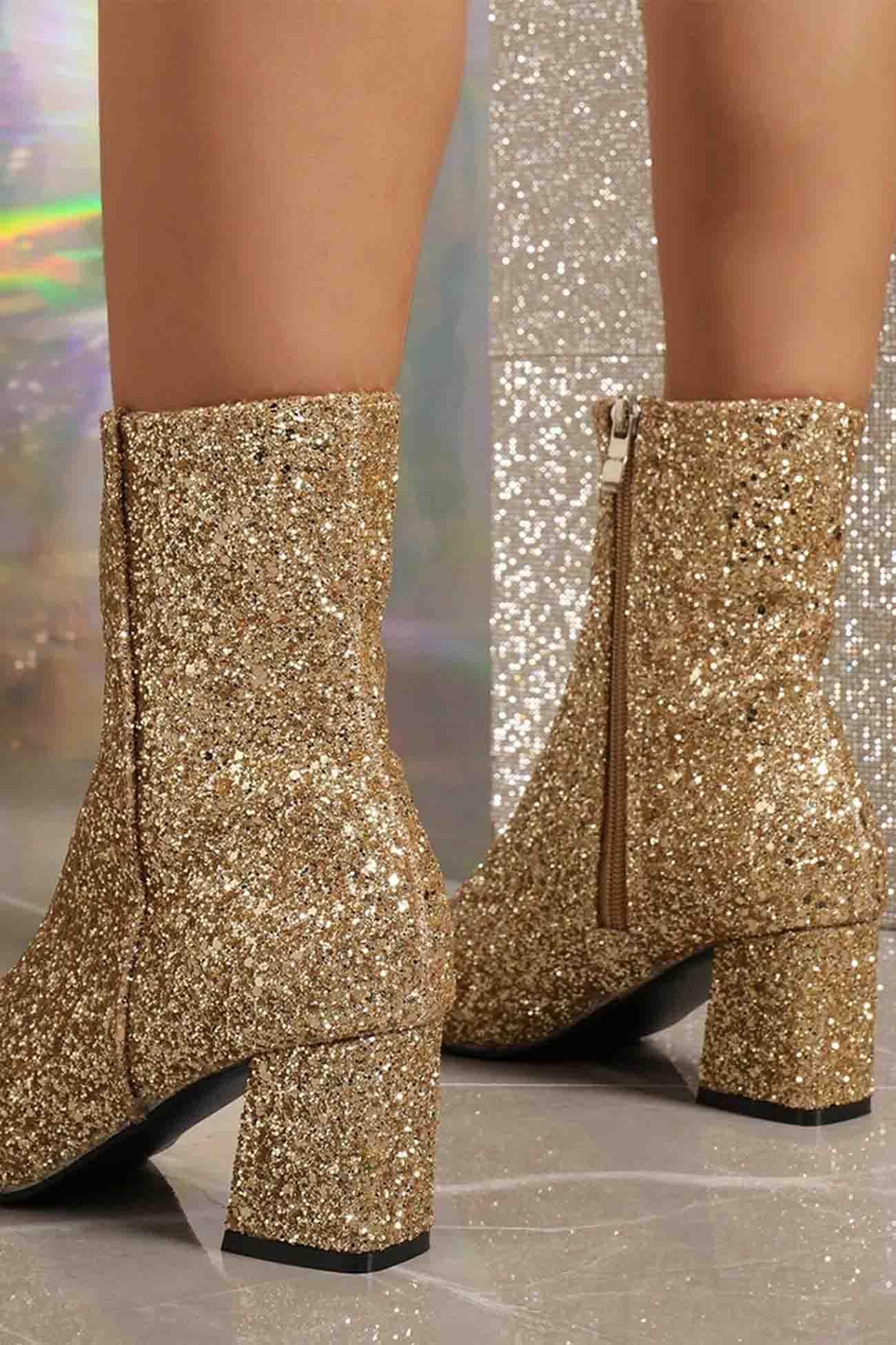 New Fashion Spring Outfit Sequined Block Heels Ankle Heels
