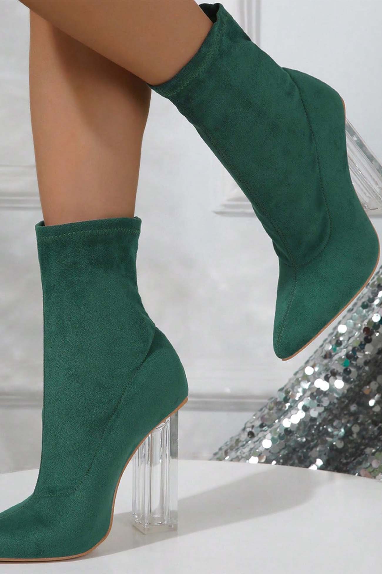 New Fashion Spring Outfit Crystal Heel Stretch Mid Calf Skinny Boots