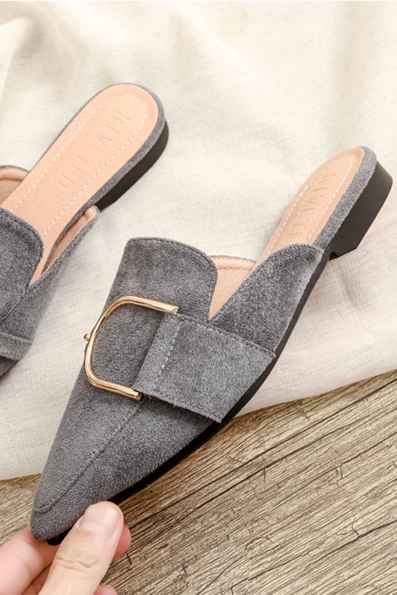 New Fashion Spring Outfit Suede Pointed Metal Buckle Mule Slides
