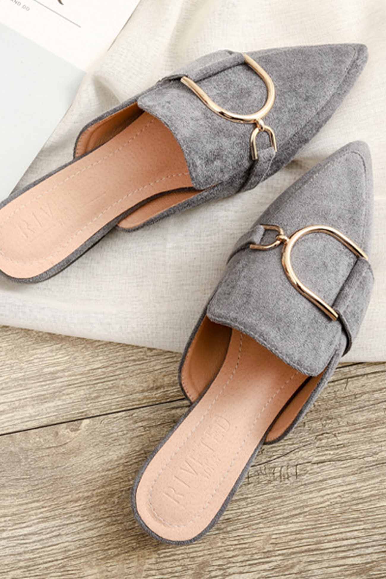 New Fashion Spring Outfit Suede Pointed Metal Buckle Mule Slides