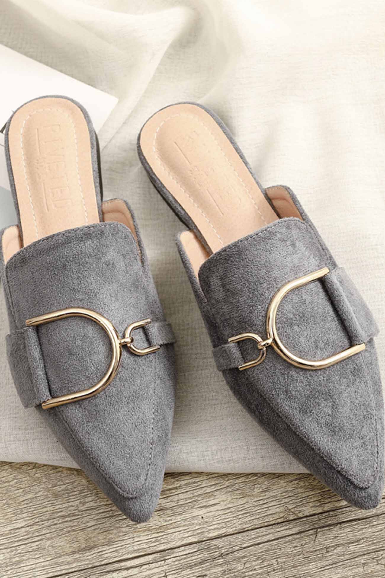 New Fashion Spring Outfit Suede Pointed Metal Buckle Mule Slides