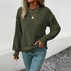 Grunge Reverse Seam Pocket Round Neck Drop Shoulder Long Sleeve Sweater