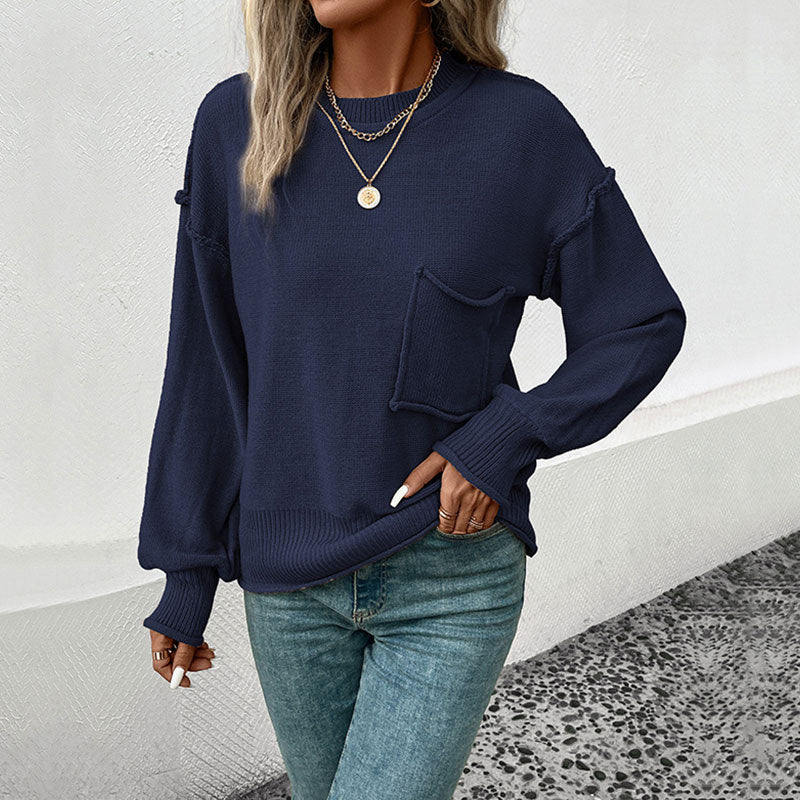 Grunge Reverse Seam Pocket Round Neck Drop Shoulder Long Sleeve Sweater