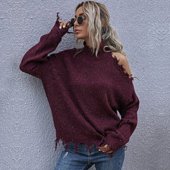 Grunge Ripped Cutout Shoulder High Neck Marled Knit Oversized Sweater