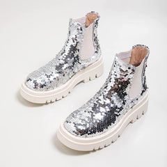 Women's Sequins Low Heel Slip-On Elastic Ankle Round Toe Silver Chelsea Boots