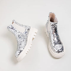 Women's Sequins Low Heel Slip-On Elastic Ankle Round Toe Silver Chelsea Boots