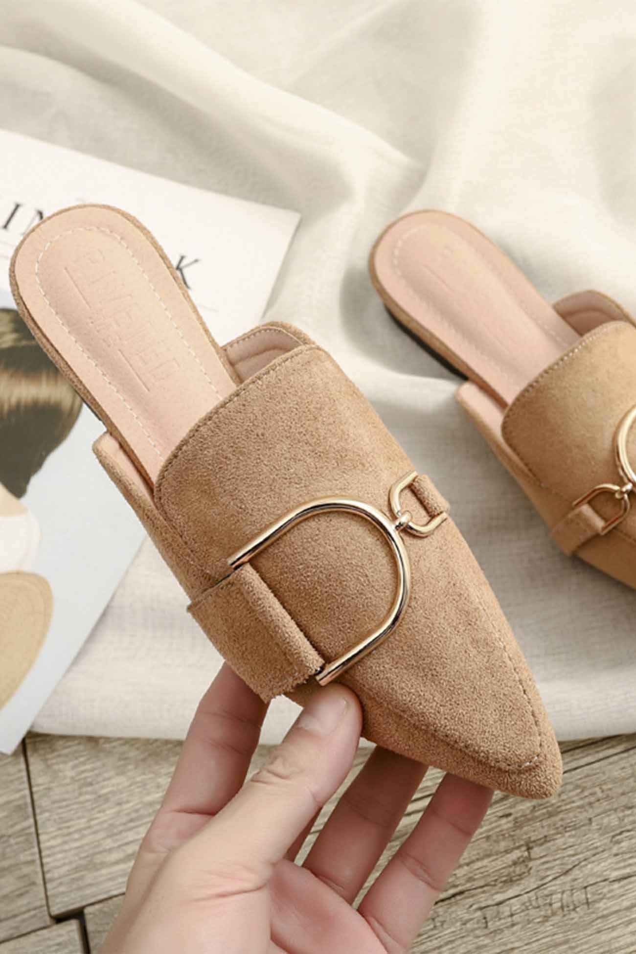 New Fashion Spring Outfit Suede Pointed Metal Buckle Mule Slides