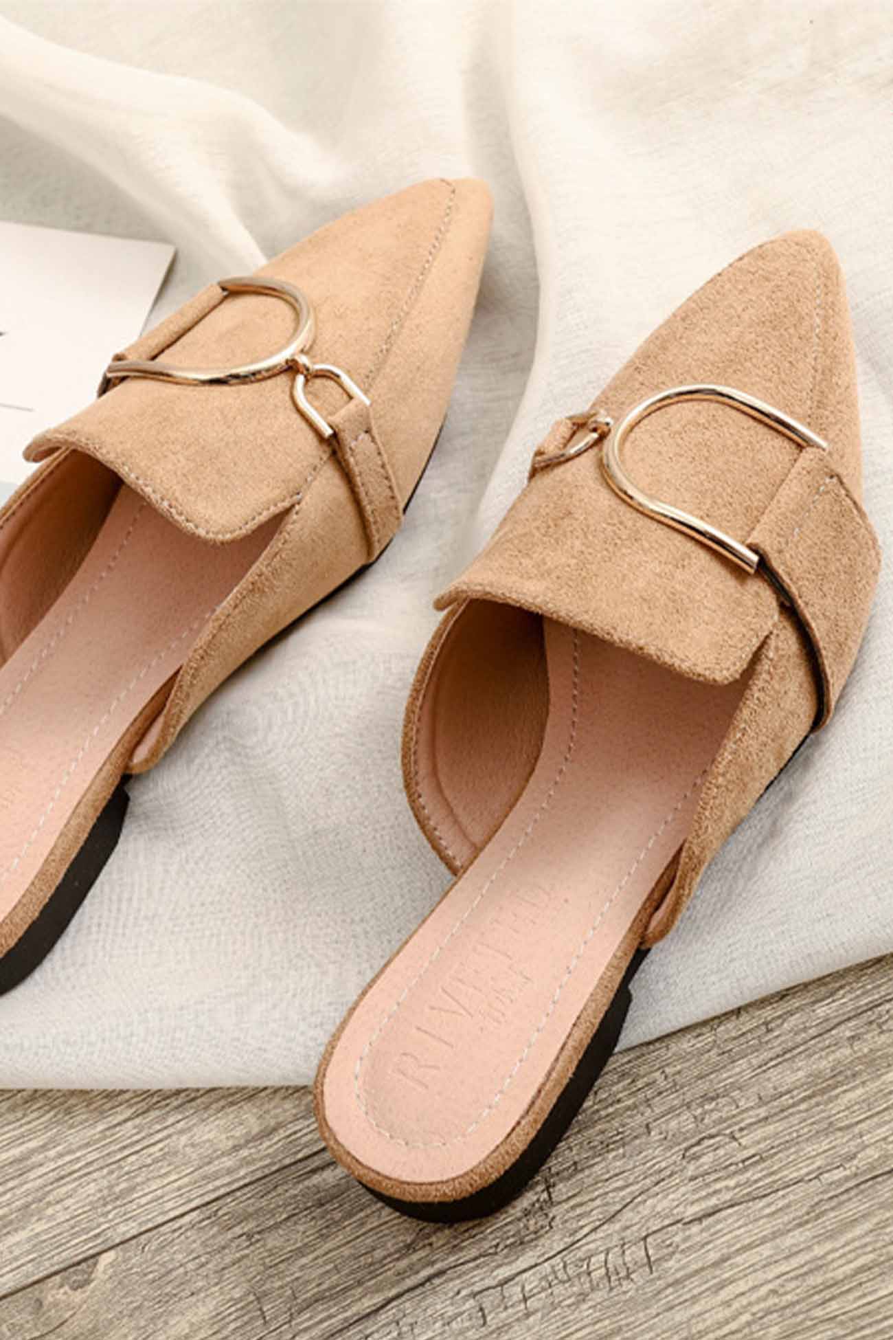 New Fashion Spring Outfit Suede Pointed Metal Buckle Mule Slides