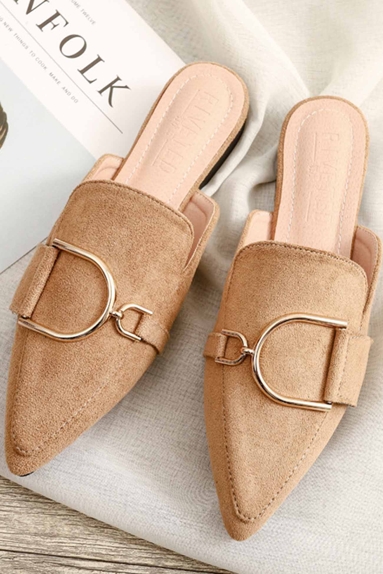 New Fashion Spring Outfit Suede Pointed Metal Buckle Mule Slides
