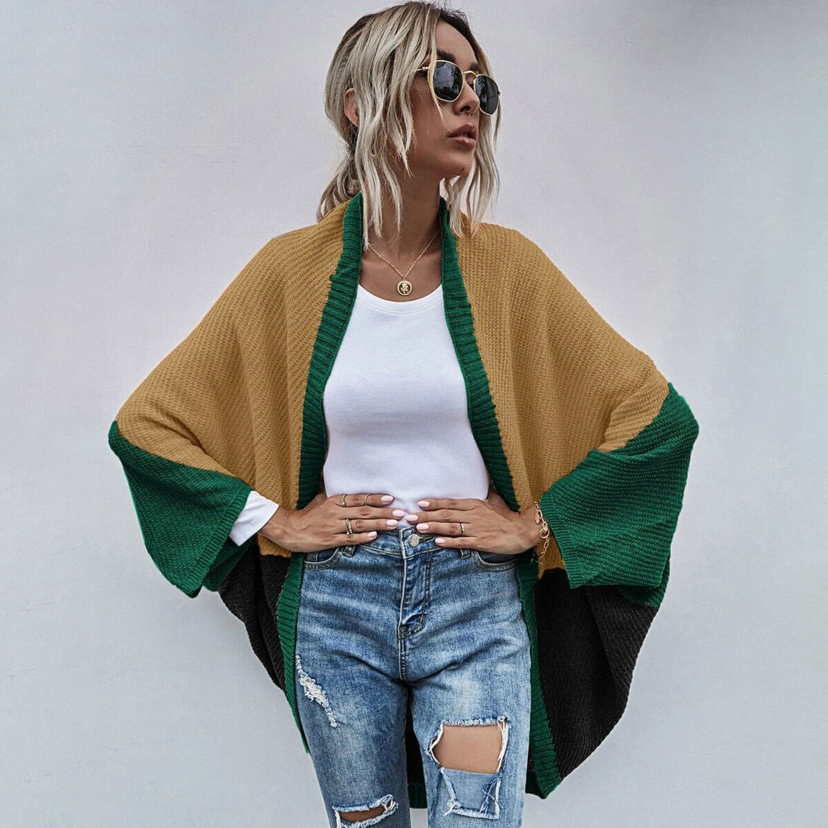 Leisure Color Panel Chunky Knit Open Front Batwing Sleeve Oversized Cape Cardigan