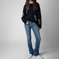 Leisure Heart Motif Drop Shoulder Long Sleeve Oversized Knit Cashmere Sweater