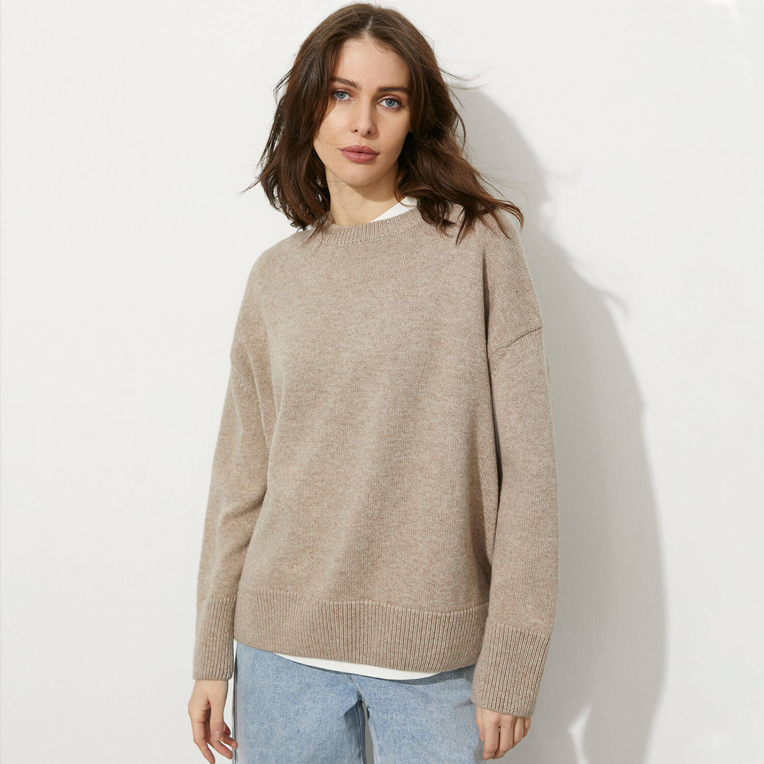 Leisure Monochrome Oversized Round Neck Long Sleeve Drop Shoulder Pullover Sweater