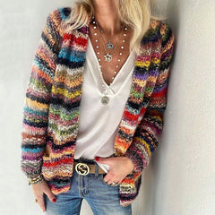 Leisure Rainbow Striped Open Front Long Sleeve Oversized Knit Cardigan