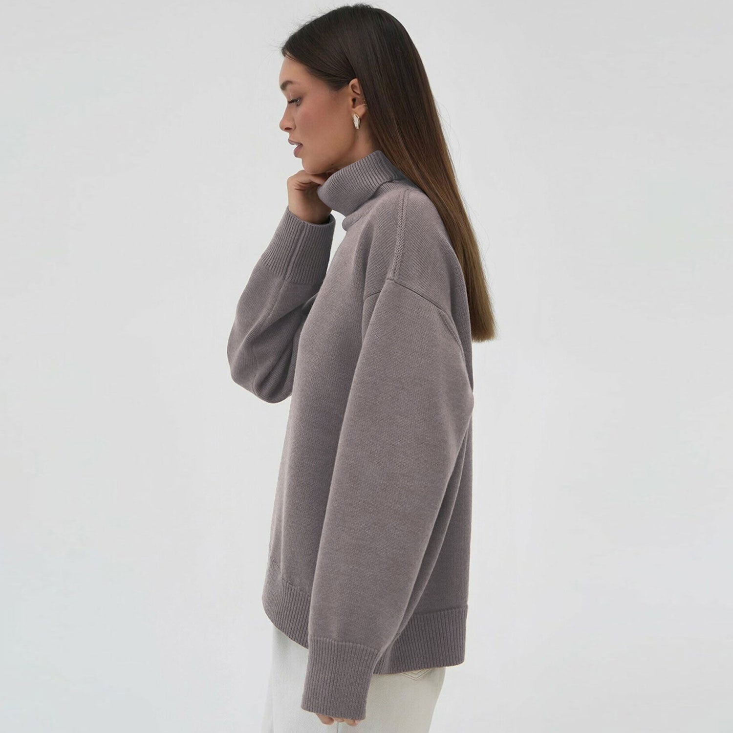 Leisure Turtleneck Long Sleeve Oversized Rib Knit High Low Pullover Sweater