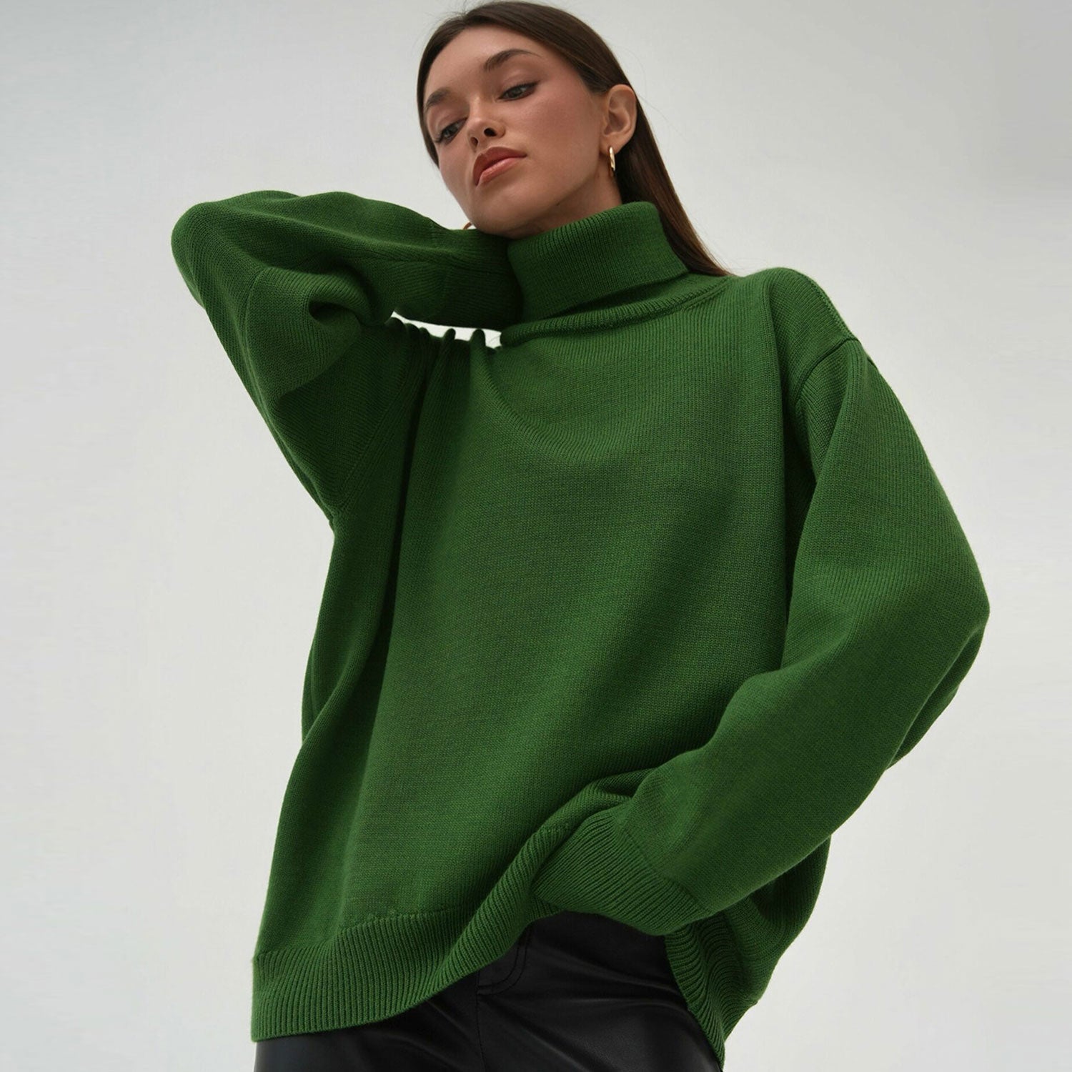 Leisure Turtleneck Long Sleeve Oversized Rib Knit High Low Pullover Sweater