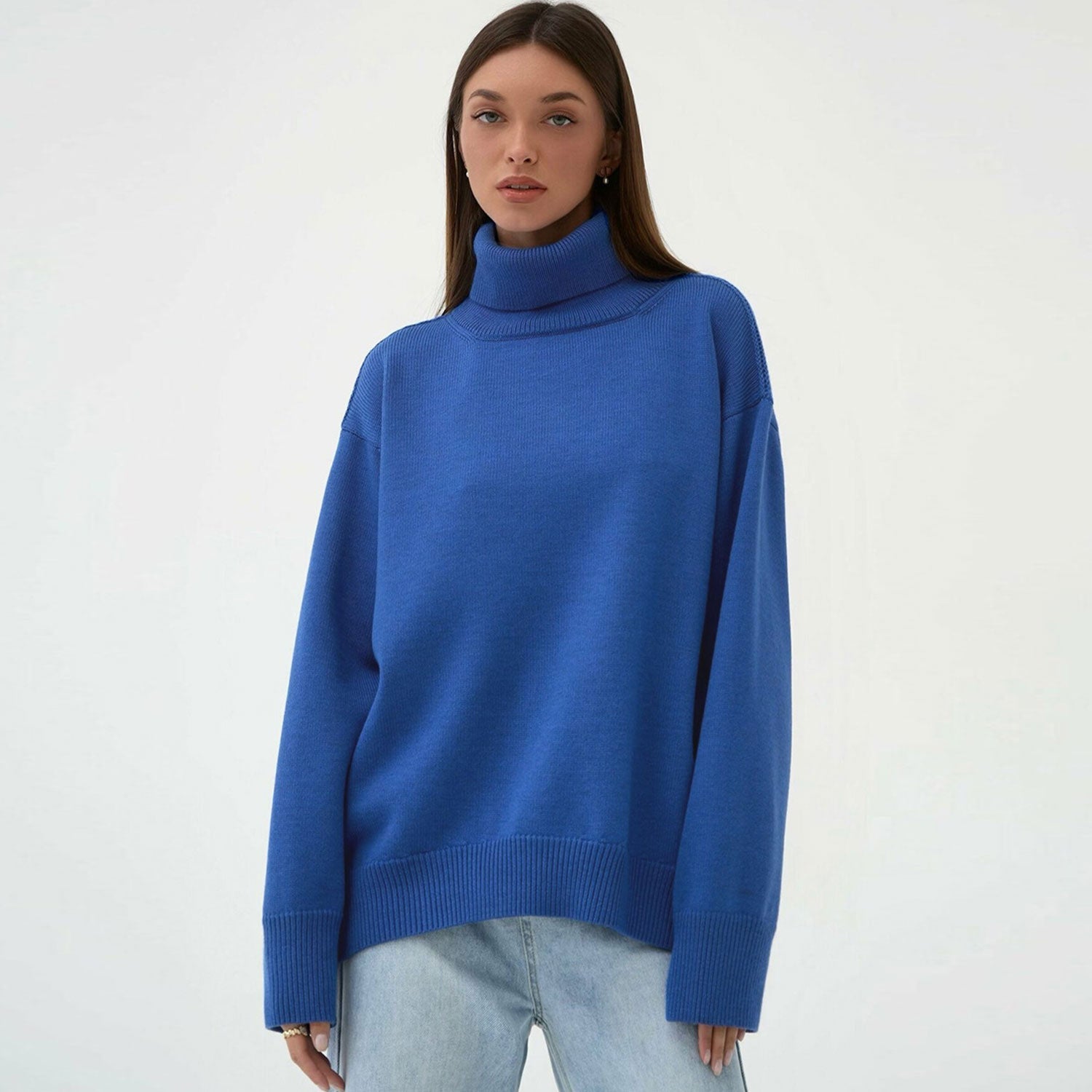 Leisure Turtleneck Long Sleeve Oversized Rib Knit High Low Pullover Sweater