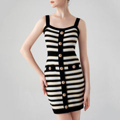 Luxury Buttoned Lurex Black and White Striped Knit Sleeveless Sweater Mini Dress