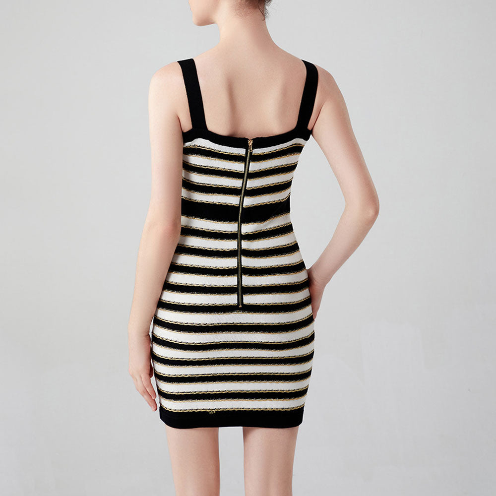 Luxury Buttoned Lurex Black and White Striped Knit Sleeveless Sweater Mini Dress