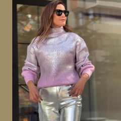 Metallic Silver Ombre Turtle Neck Long Sleeve Rhombus Knit Sweater