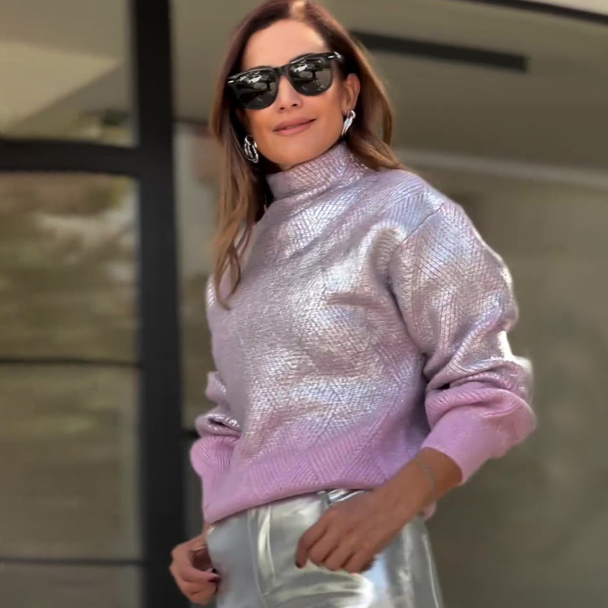 Metallic Silver Ombre Turtle Neck Long Sleeve Rhombus Knit Sweater