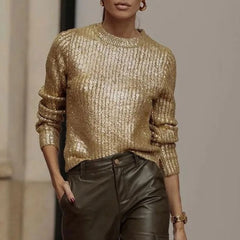 Metallic Textured Crew Neck Long Sleeve Knit Pullover Sweater