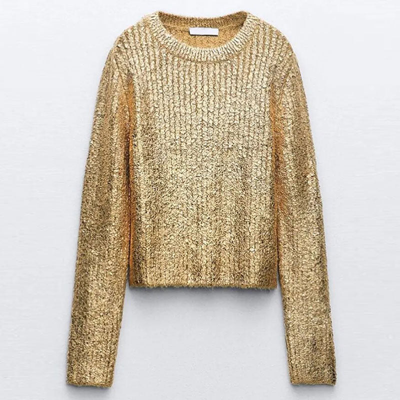 Metallic Textured Crew Neck Long Sleeve Knit Pullover Sweater