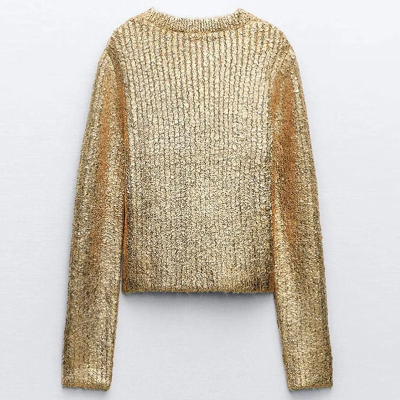 Metallic Textured Crew Neck Long Sleeve Knit Pullover Sweater