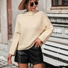 Minimalist Monochrome Ribbed Knit Funnel Neck Long Sleeve Drop Shoulder Sweater