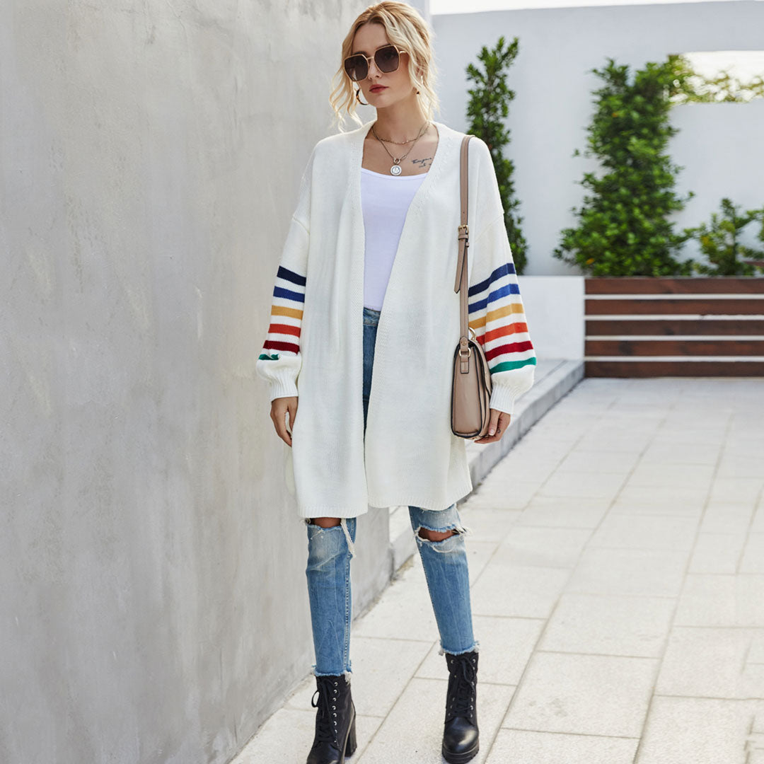 Multicolor Striped Long Sleeve Open Front Knit Cardigan