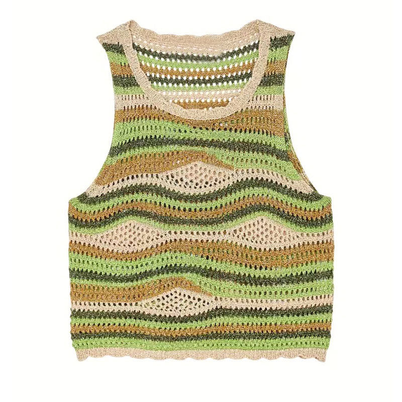 Multicolored Wavy Striped Scalloped Trim Crew Neck Crochet Open Knit Crop Tank Top