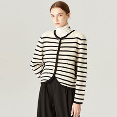 Nautical Crew Neck Button Up Wool Blend Black and Beige Striped Cardigan