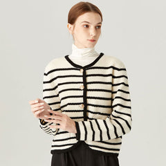 Nautical Crew Neck Button Up Wool Blend Black and Beige Striped Cardigan