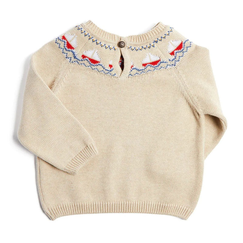 Nordic Fair Isle Sailboat Jacquard Knit Round Neck Raglan Sleeve Kids Pullover Sweater