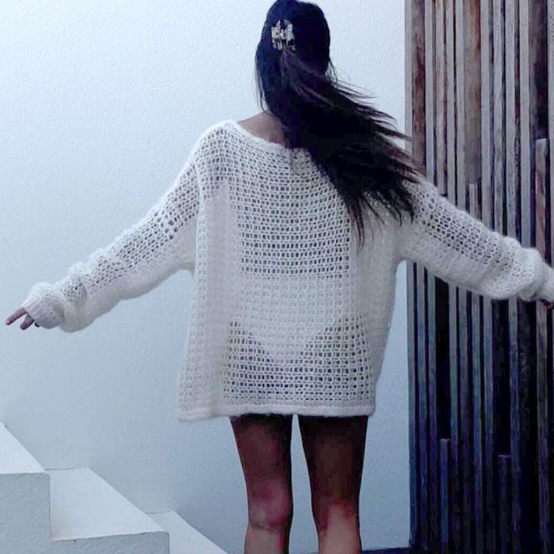 Oversized Boat Neck Drop Shoulder Crochet Open Knit Pullover Sweater