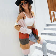 Oversized Multicolored Contrast Striped Pattern Open Front Knit Cardigan