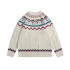 Oversized Off White Crew Neck Fisherman Cable Knit Fair Isle Sweater