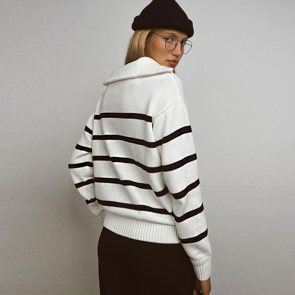 Oversized Foldover Collar Contrast Black and White Striped Half Zip Sweater