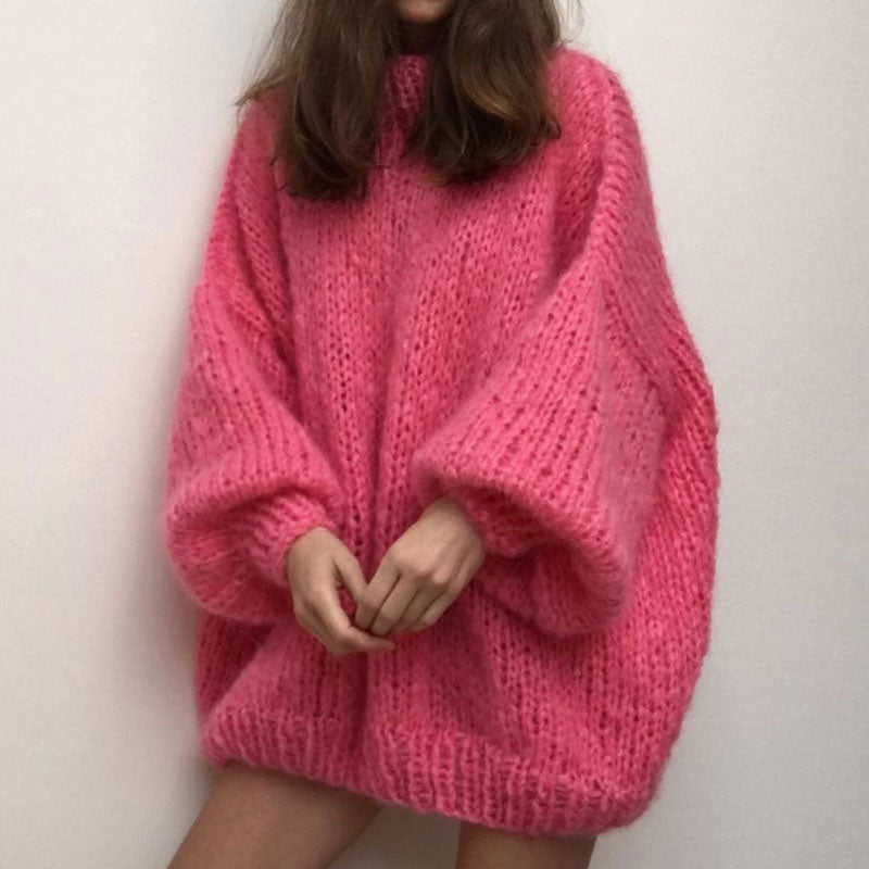 Oversized High Neck Drop Shoulder Handmade Chunky Knit Sweater